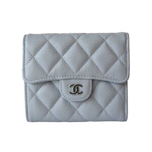 Chanel CC Caviar Quilted Trifold Compact Flap Wallet With Zipped Light Blue
